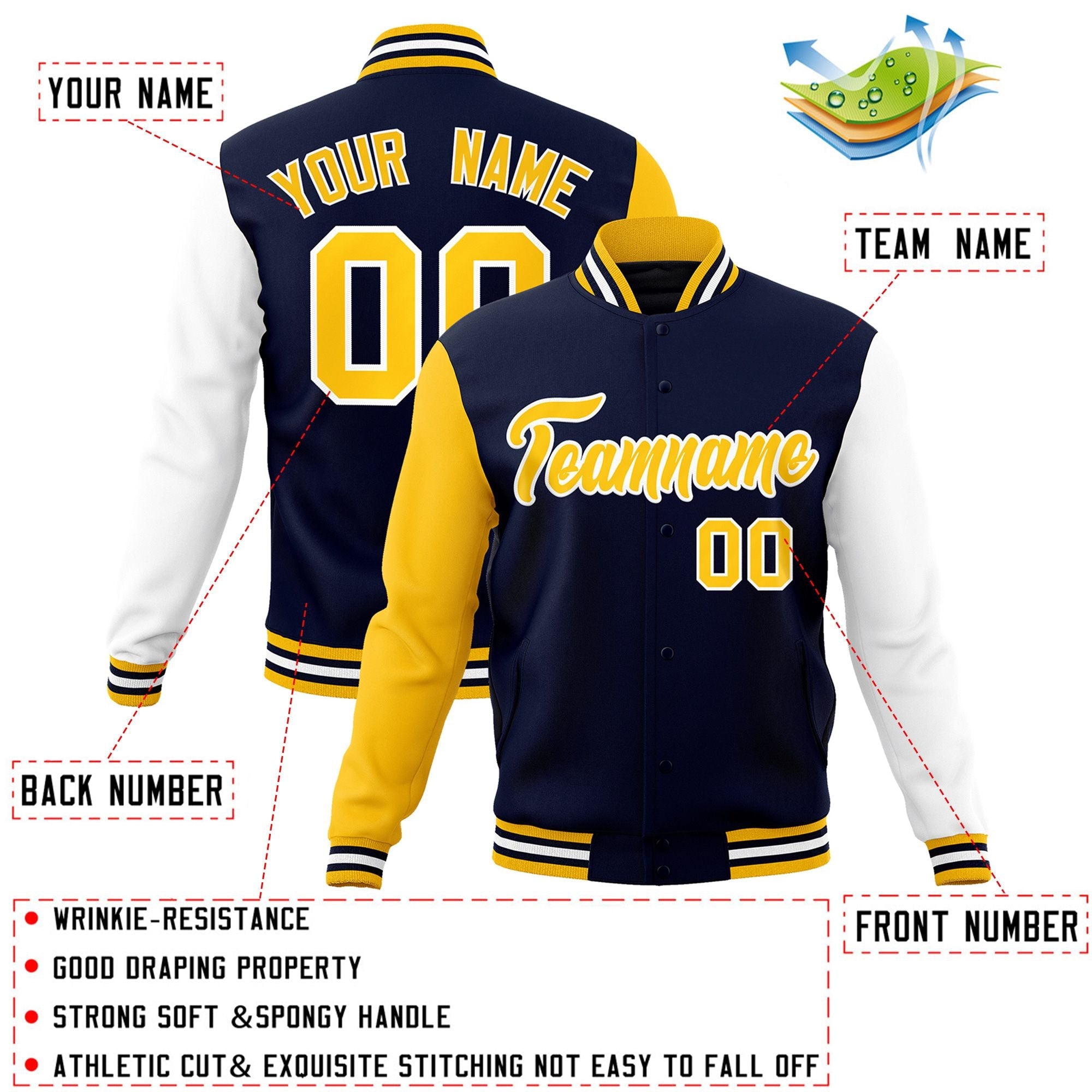 Custom Navy Gold-White Raglan Sleeves Varsity Full-Snap Letterman Jacket