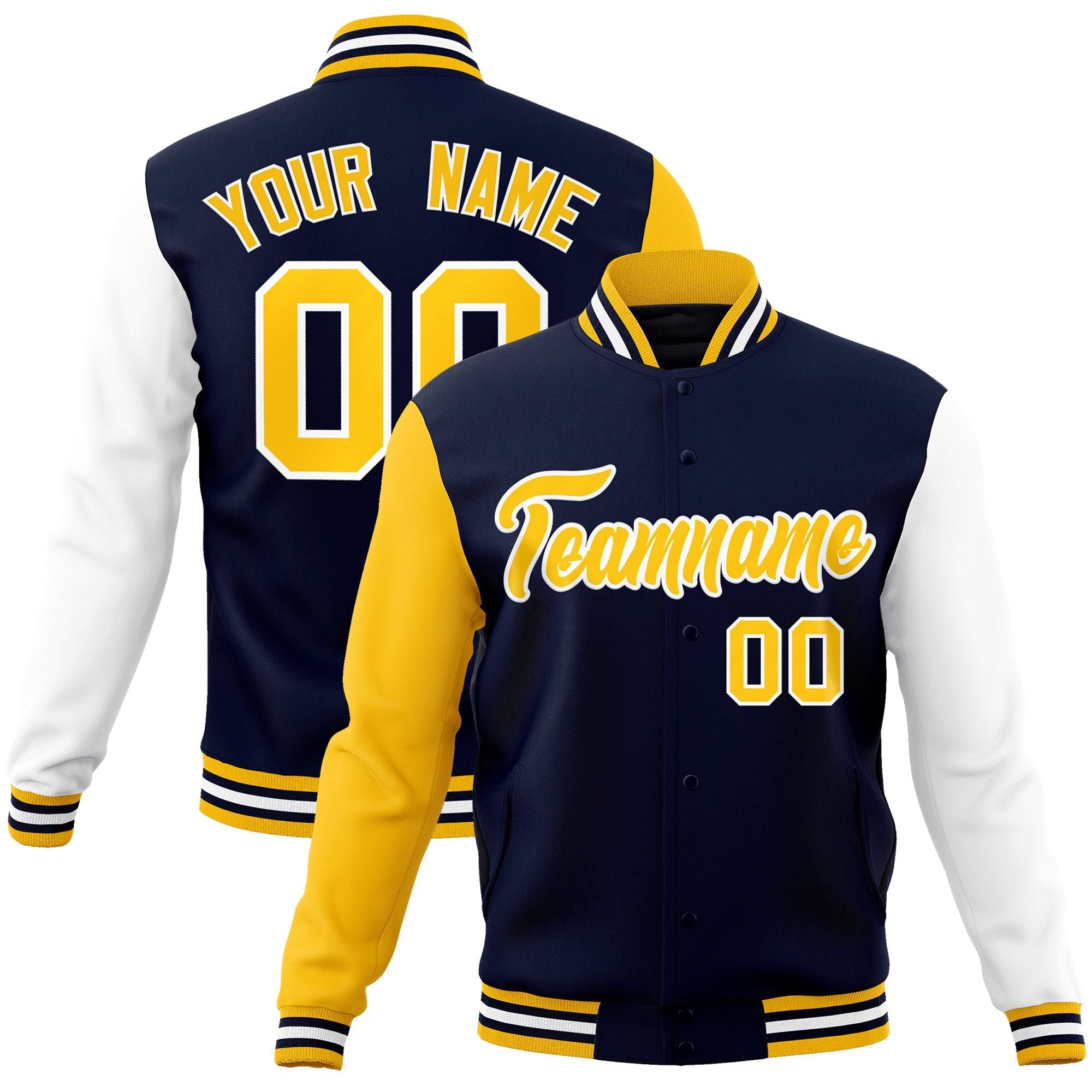 Custom Navy Gold-White Raglan Sleeves Varsity Full-Snap Letterman Jacket