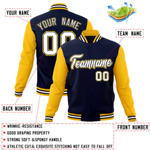 Custom Navy White-Navy Raglan Sleeves Varsity Full-Snap Letterman Jacket