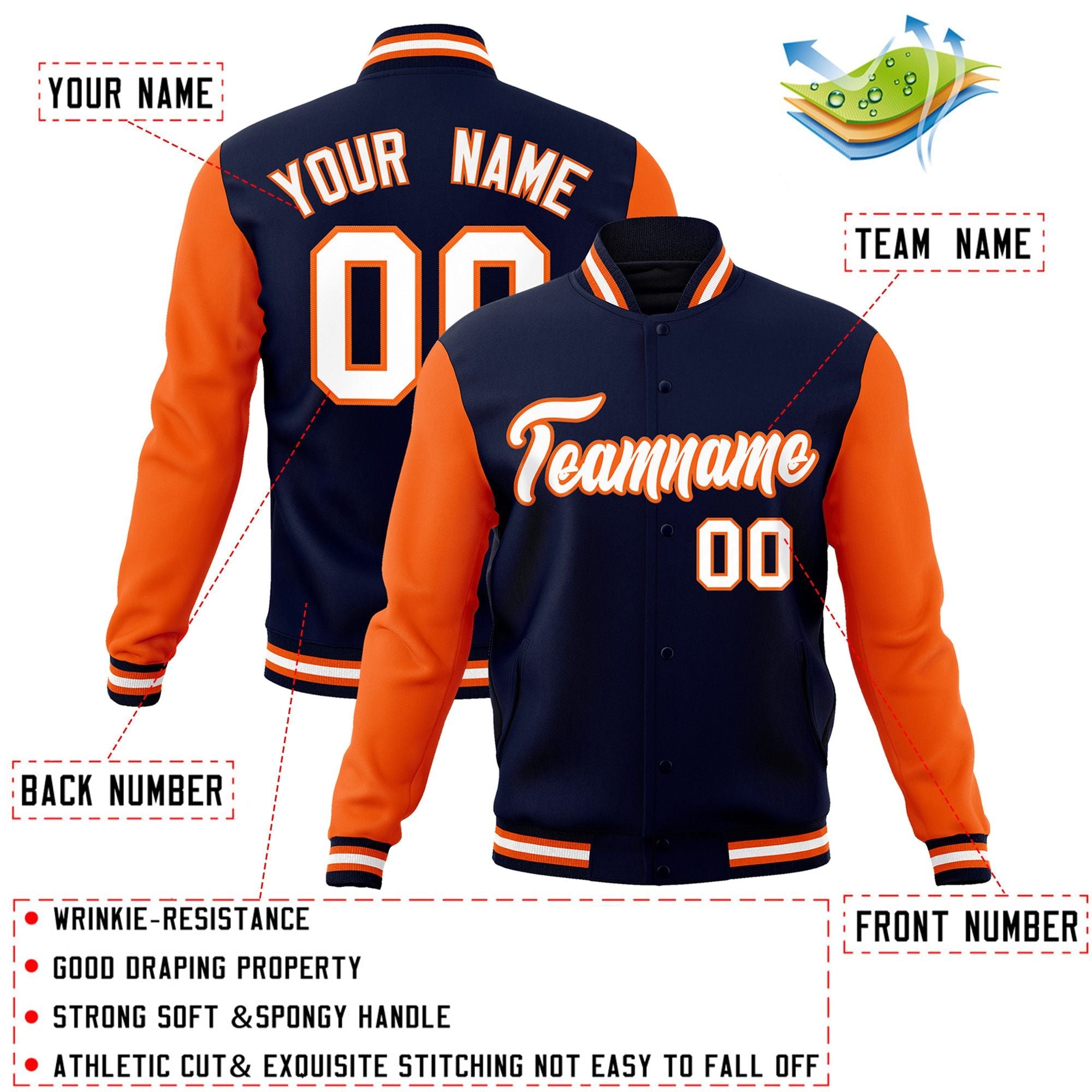 Custom Navy White-Orange Raglan Sleeves Varsity Full-Snap Letterman Jacket