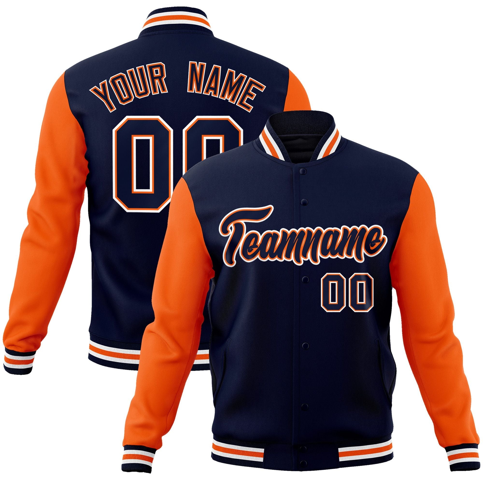 Custom Navy Navy-Orange Raglan Sleeves Varsity Full-Snap Letterman Jacket