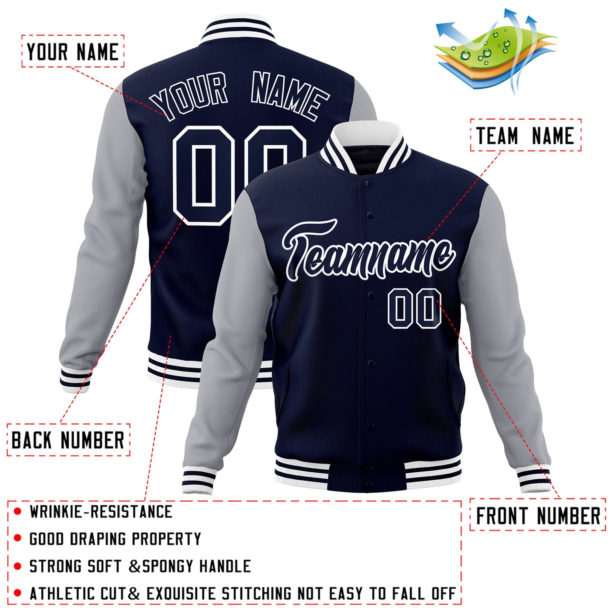 Veste Letterman Varsity Full-Snap à manches raglan bleu marine-blanc personnalisée