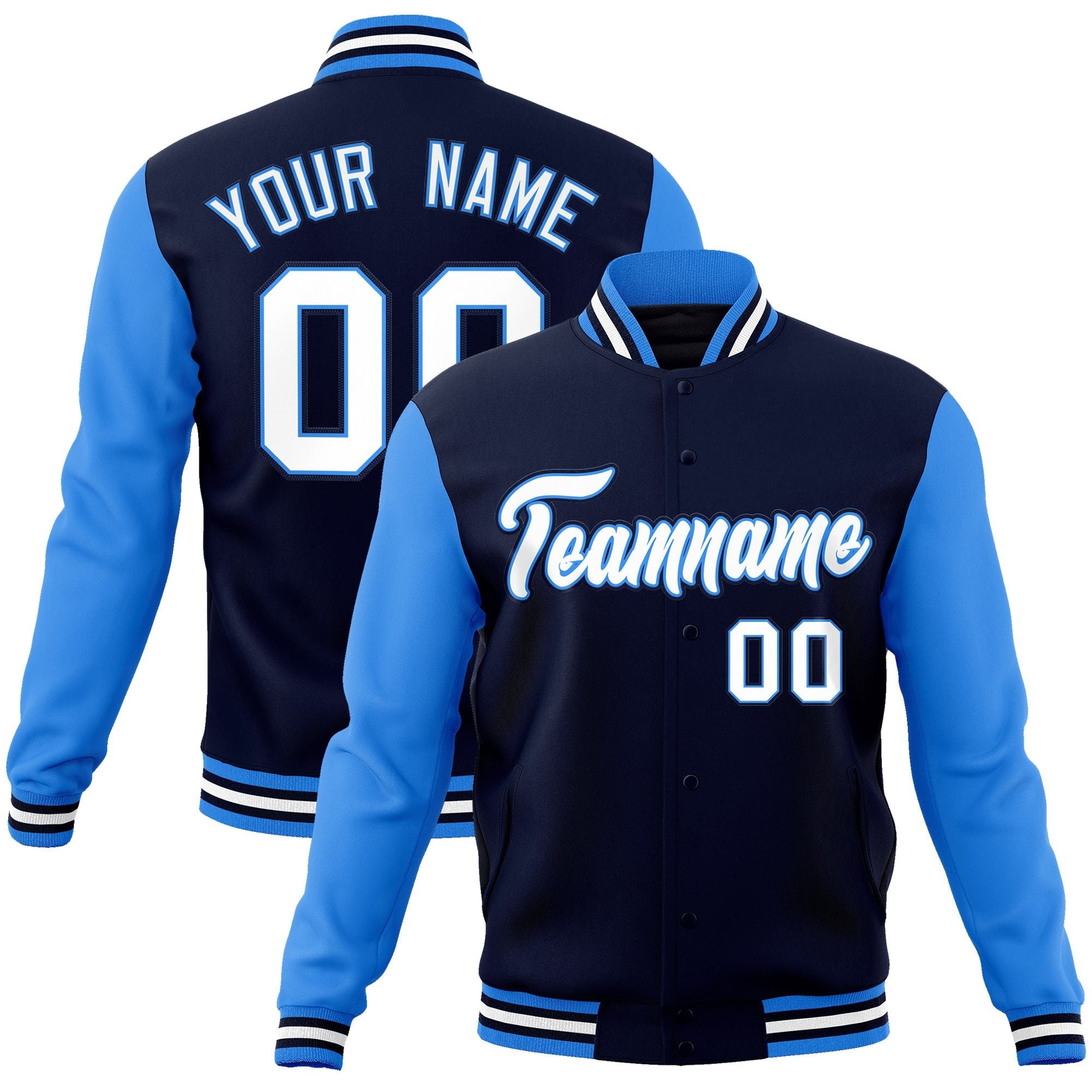 Custom Navy White-Powder Blue Raglan Sleeves Varsity Full-Snap Letterman Jacket