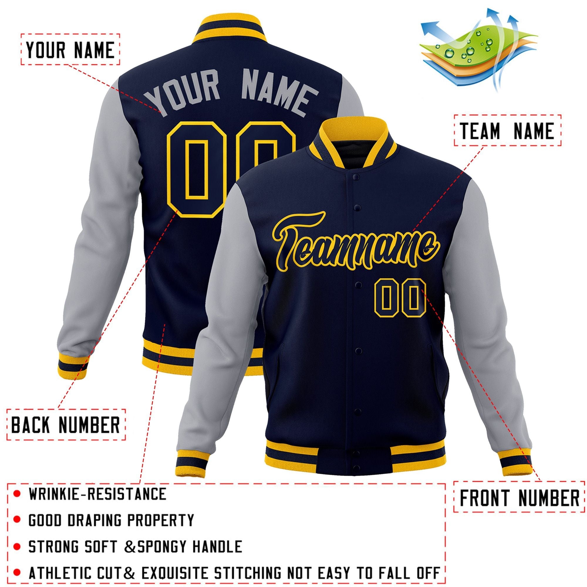 Custom Navy Navy-Gold Raglan Sleeves Varsity Full-Snap Letterman Jacket