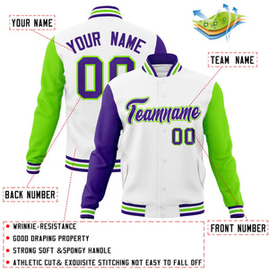 Custom White Purple-White Raglan Sleeves Varsity Full-Snap Letterman Jacket