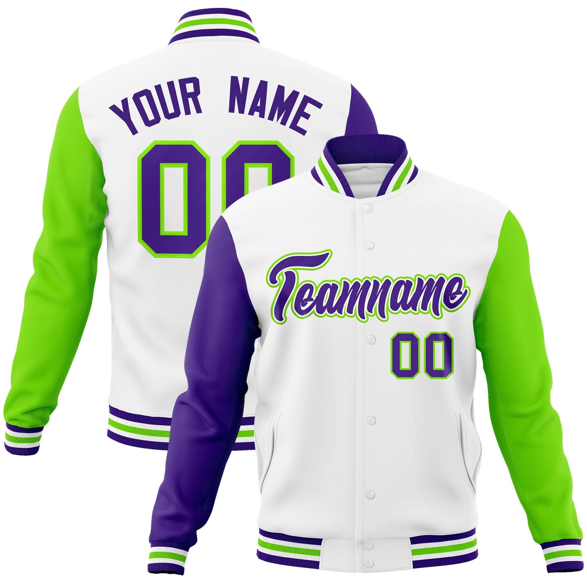 Custom White Purple-White Raglan Sleeves Varsity Full-Snap Letterman Jacket