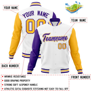 Veste Letterman Varsity Full-Snap personnalisée à manches raglan blanc violet-blanc