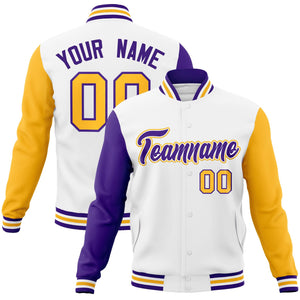 Custom White Purple-White Raglan Sleeves Varsity Full-Snap Letterman Jacket