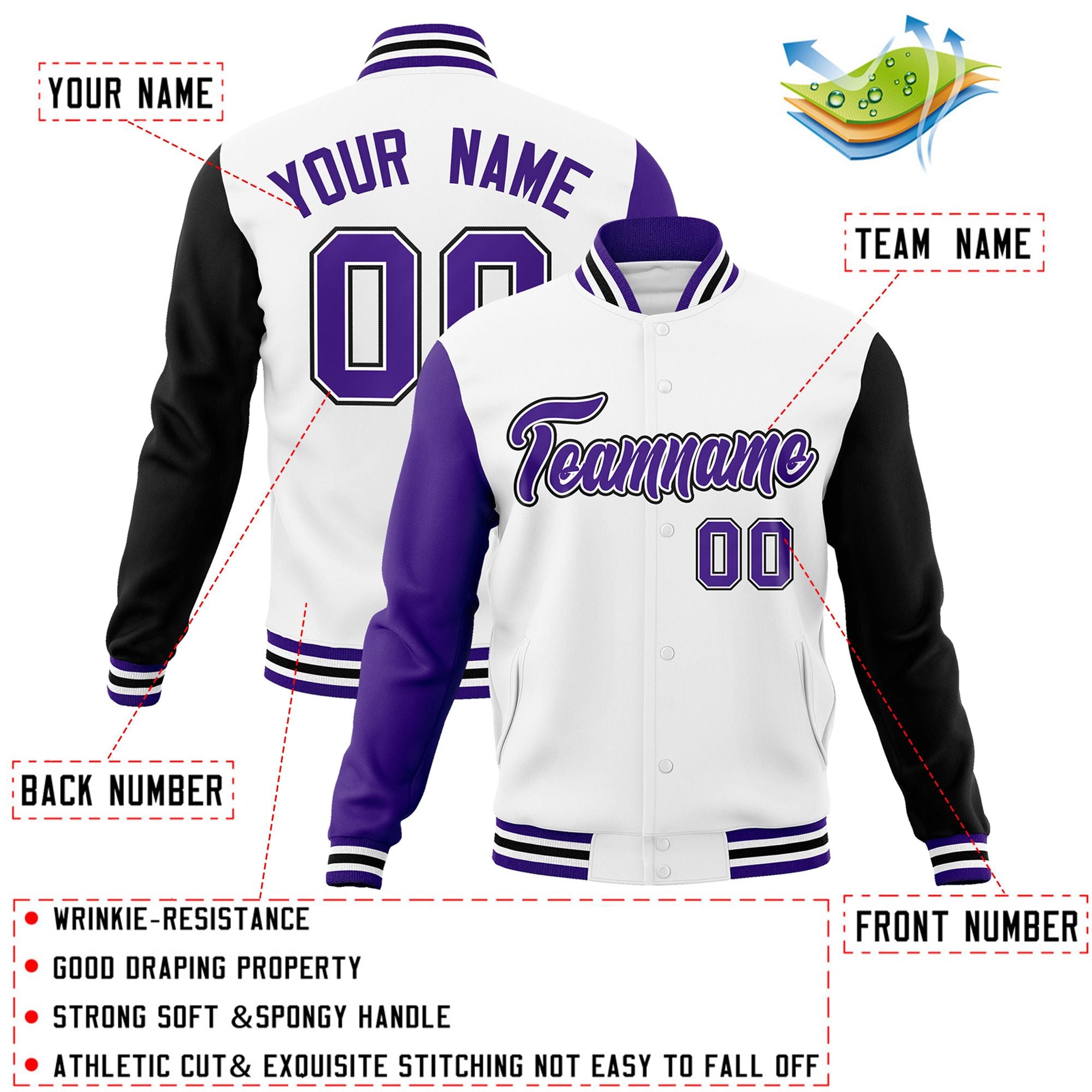 Custom White Purple-White Raglan Sleeves Varsity Full-Snap Letterman Jacket