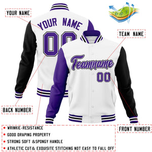 Veste Letterman Varsity Full-Snap personnalisée à manches raglan blanc violet-blanc