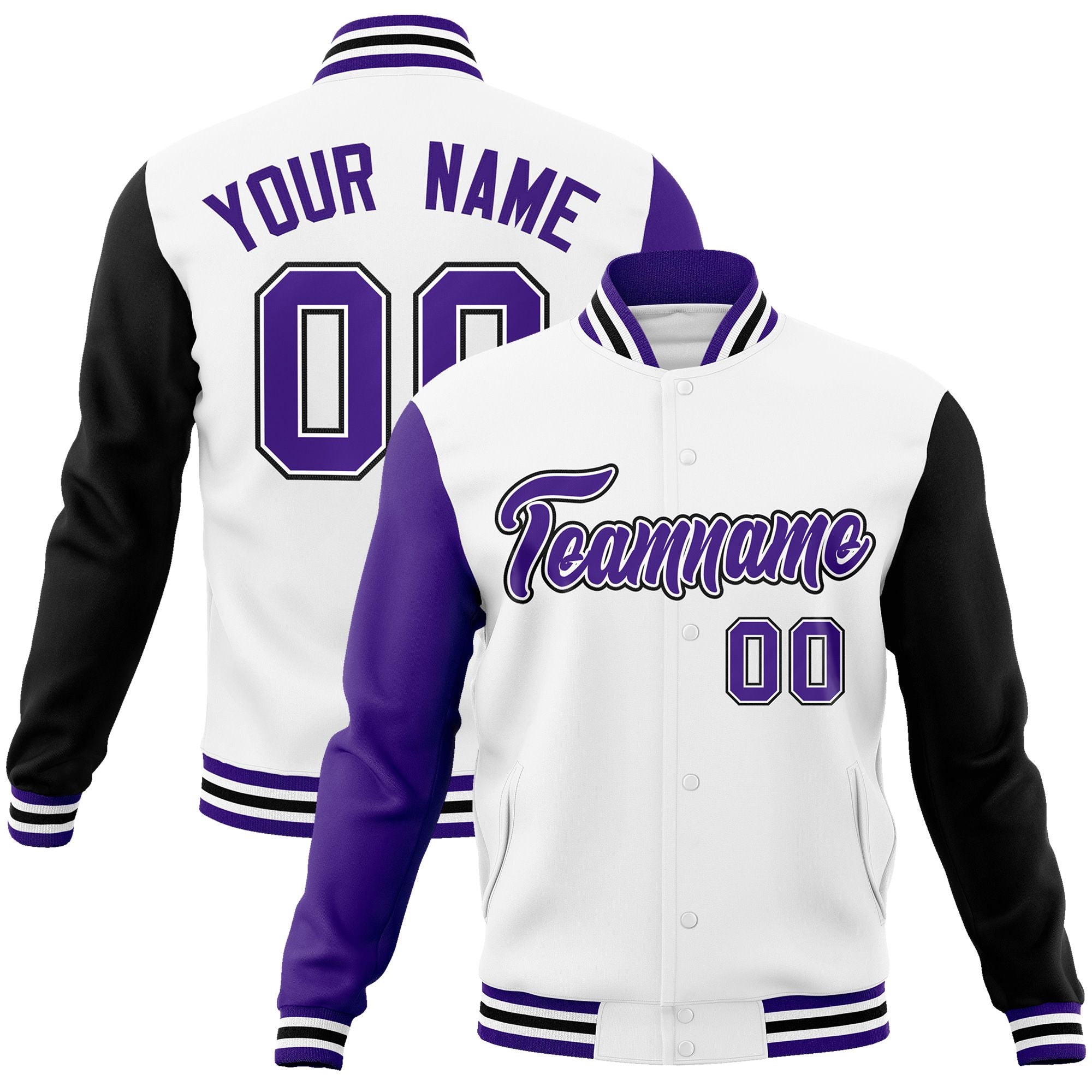 Custom White Purple-White Raglan Sleeves Varsity Full-Snap Letterman Jacket