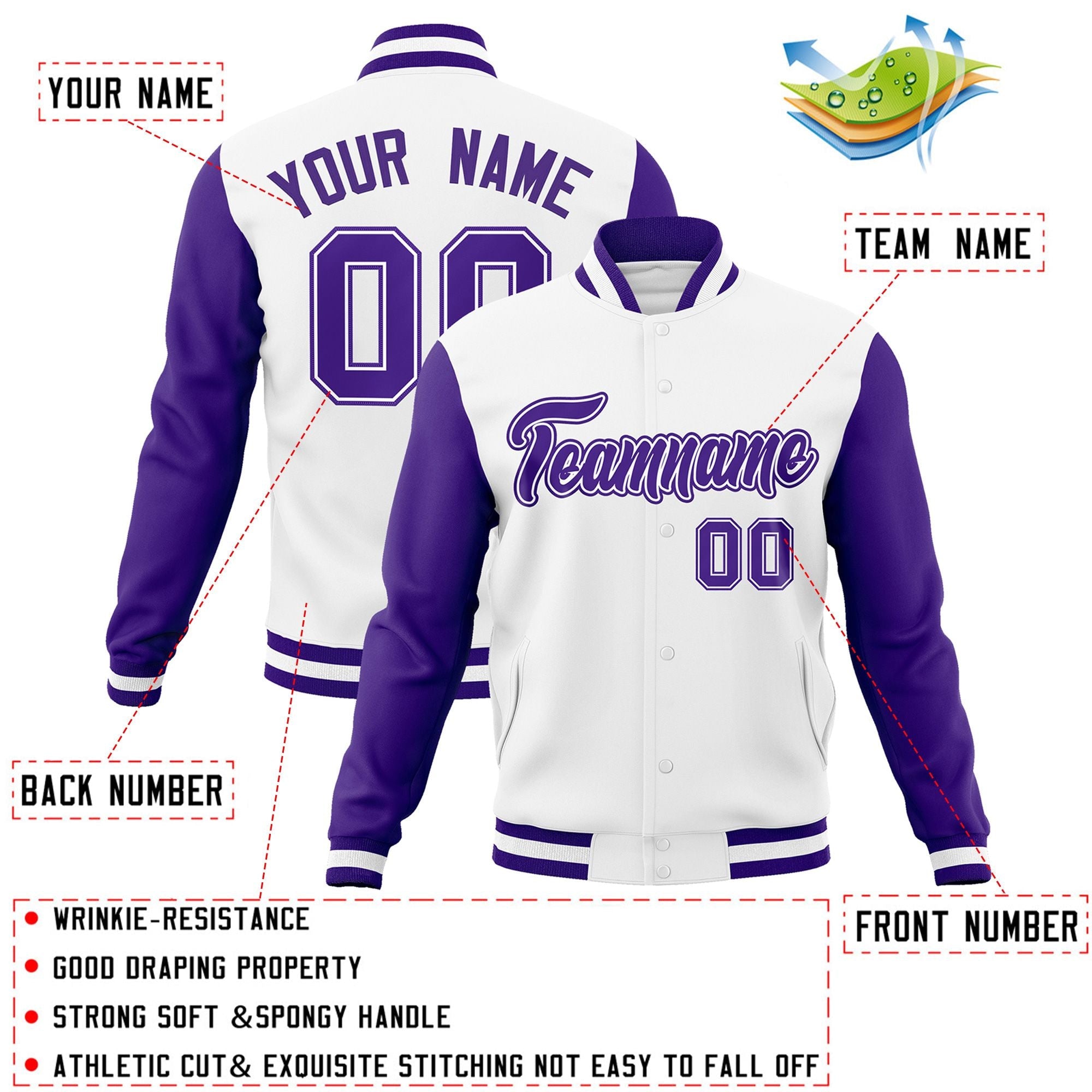 Veste Letterman Varsity Full-Snap personnalisée à manches raglan blanc violet-blanc