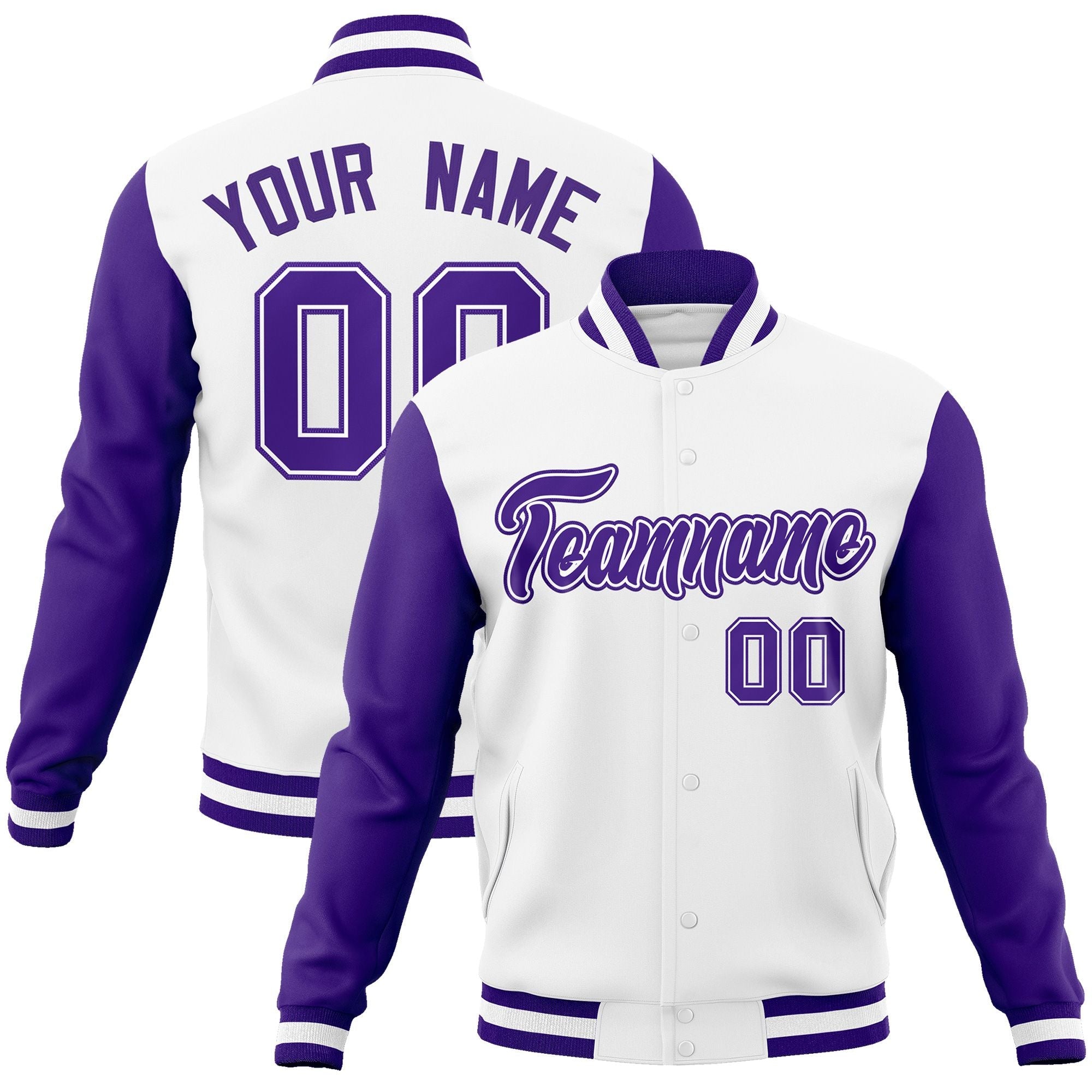 Custom White Purple-White Raglan Sleeves Varsity Full-Snap Letterman Jacket