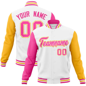 Custom White Pink-White Raglan Sleeves Varsity Full-Snap Letterman Jacket