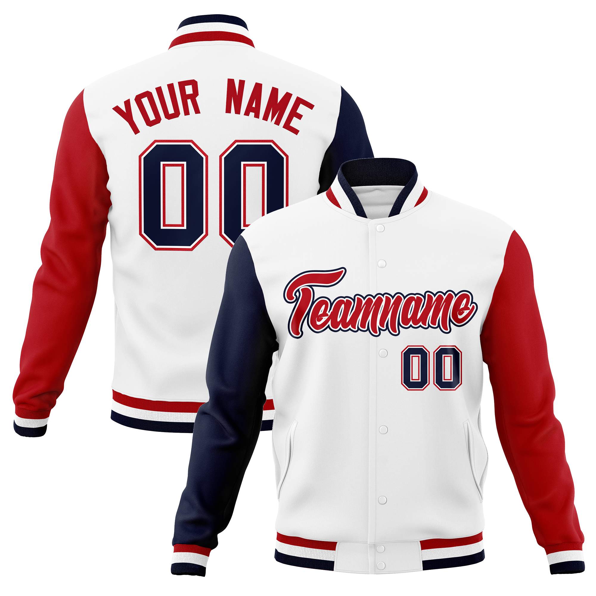 Custom White Red-White Raglan Sleeves Varsity Full-Snap Letterman Jacket