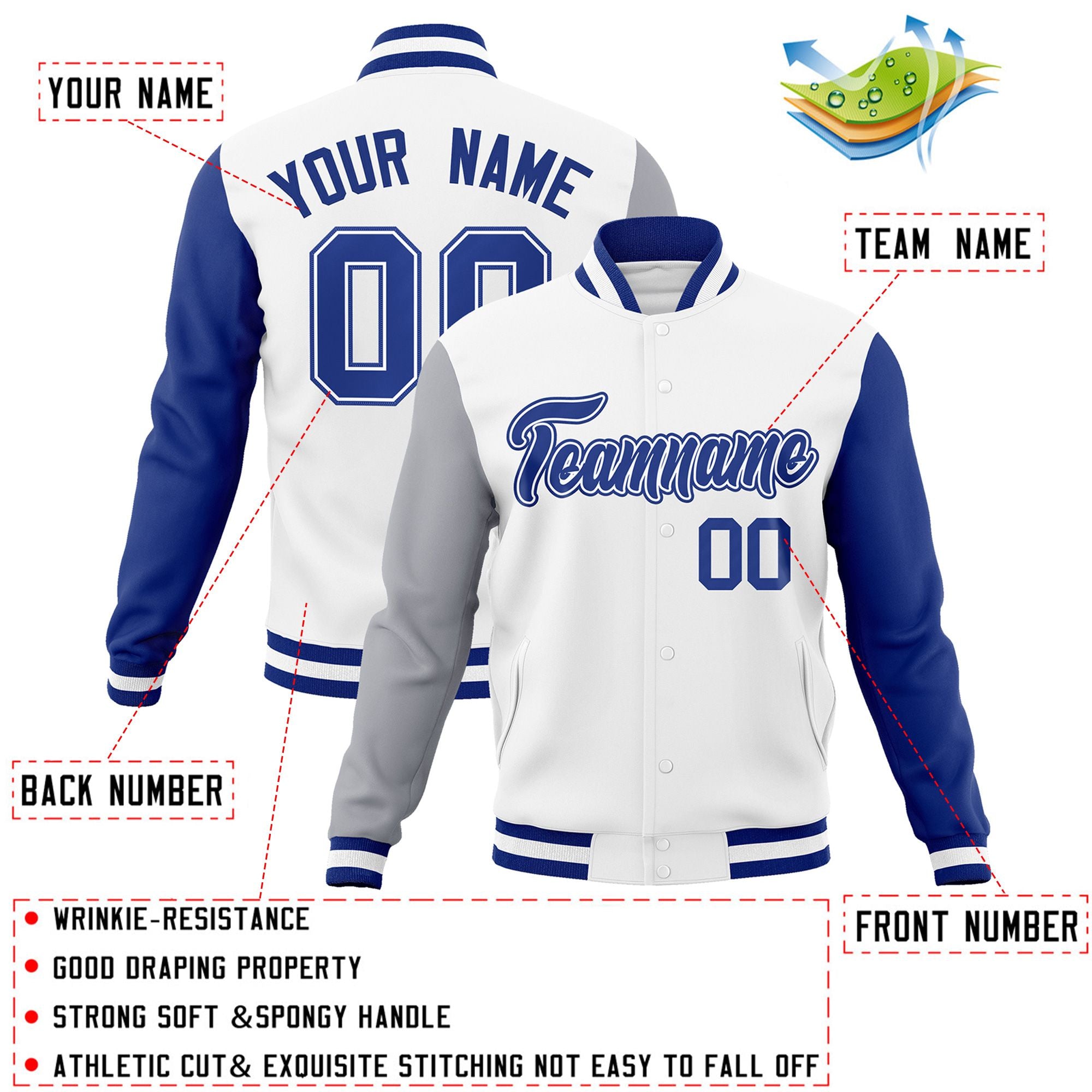 Custom White Royal-White Raglan Sleeves Varsity Full-Snap Letterman Jacket