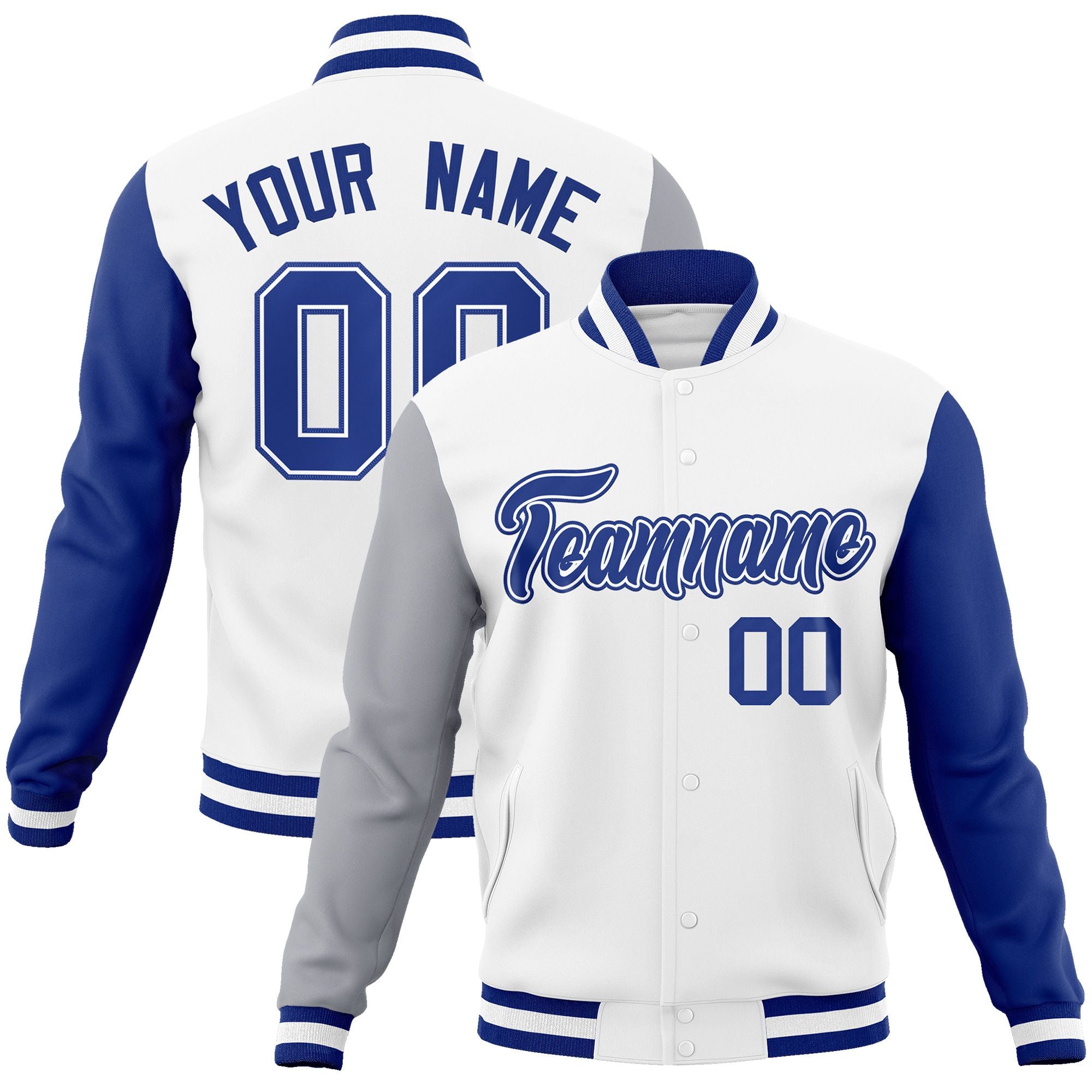 Custom White Royal-White Raglan Sleeves Varsity Full-Snap Letterman Jacket