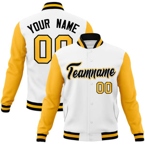 Custom White Black-White Raglan Sleeves Varsity Full-Snap Letterman Jacket