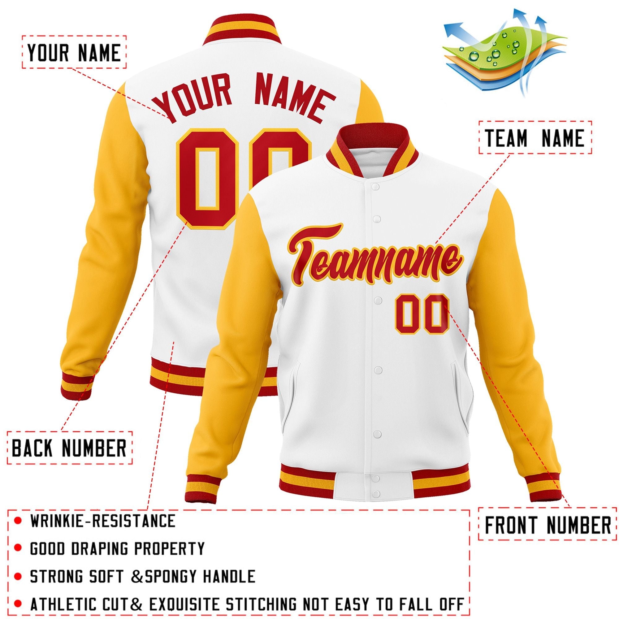 Custom White Red-Gold Raglan Sleeves Varsity Full-Snap Letterman Jacket