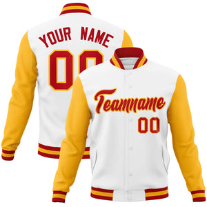 Custom White Red-Gold Raglan Sleeves Varsity Full-Snap Letterman Jacket