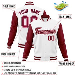 Custom White Crimson-White Raglan Sleeves Varsity Full-Snap Letterman Jacket