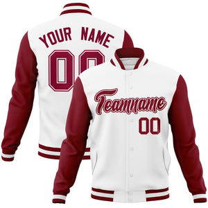 Custom White Crimson-White Raglan Sleeves Varsity Full-Snap Letterman Jacket