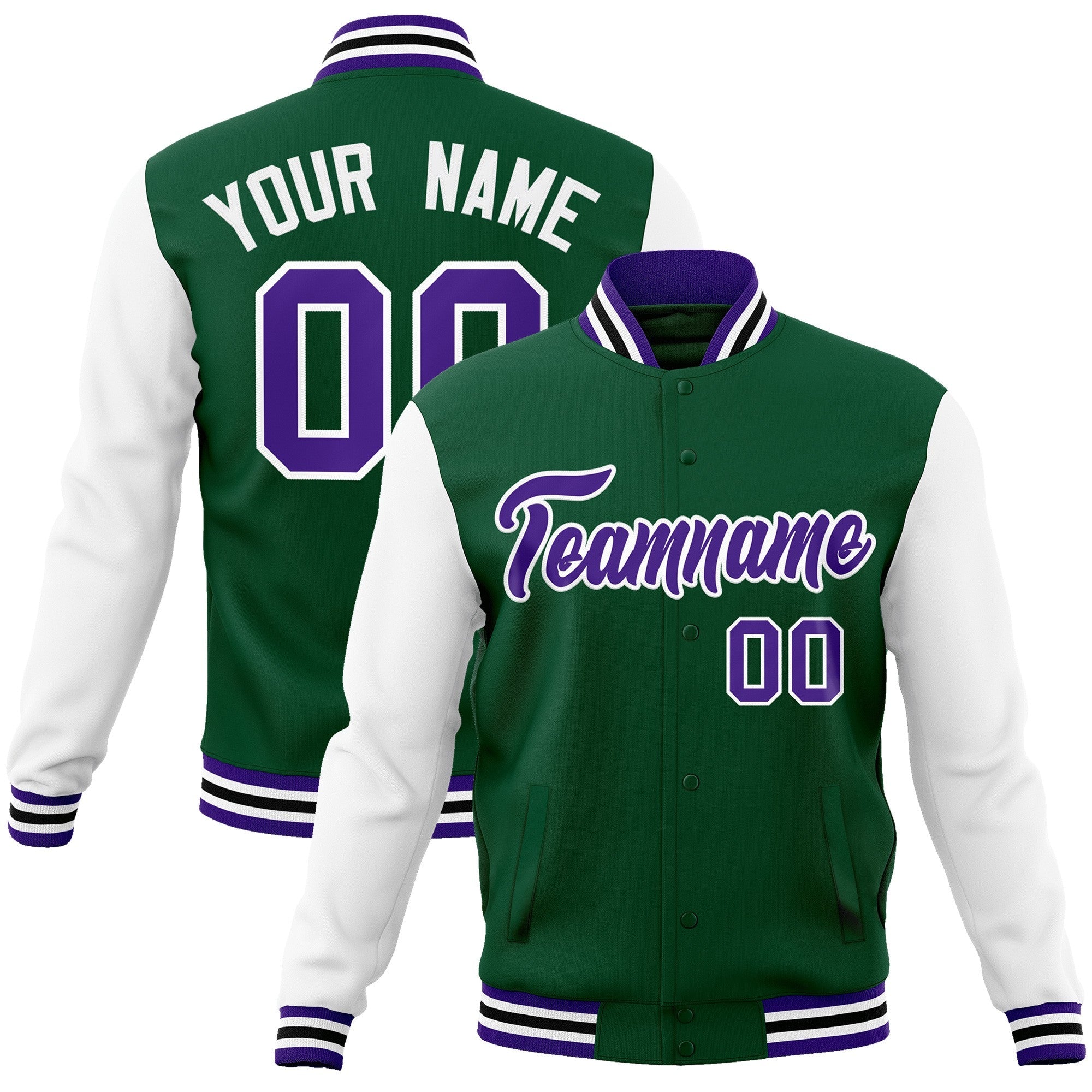 Custom Green Purple-White Raglan Sleeves Varsity Full-Snap Letterman Jacket