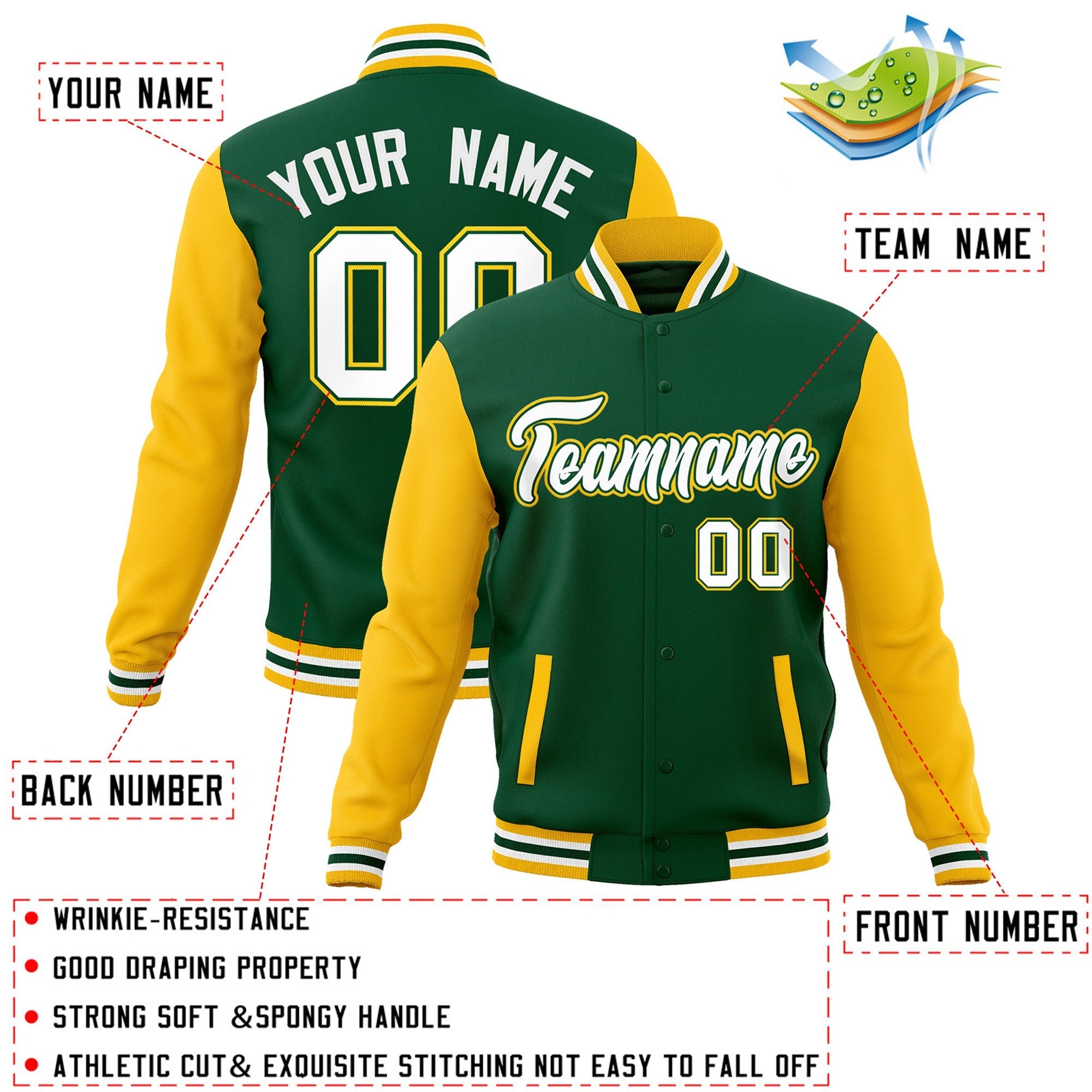 Veste Letterman Varsity Full-Snap à manches raglan personnalisées vert blanc-vert