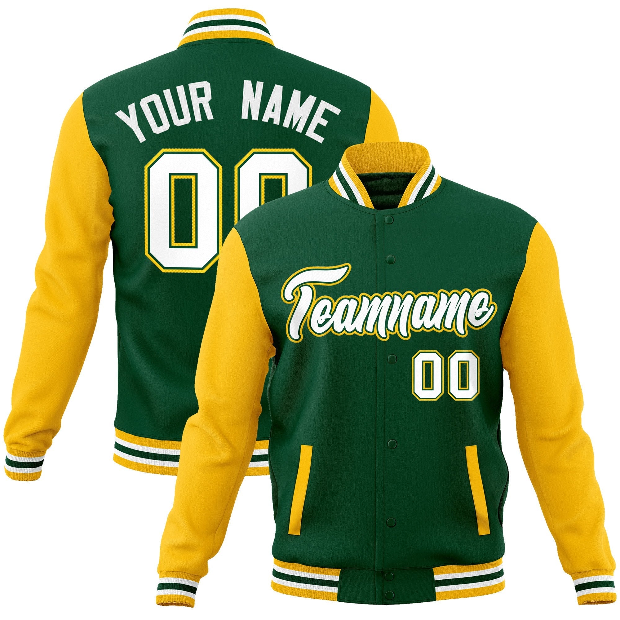 Custom Green White-Green Raglan Sleeves Varsity Full-Snap Letterman Jacket