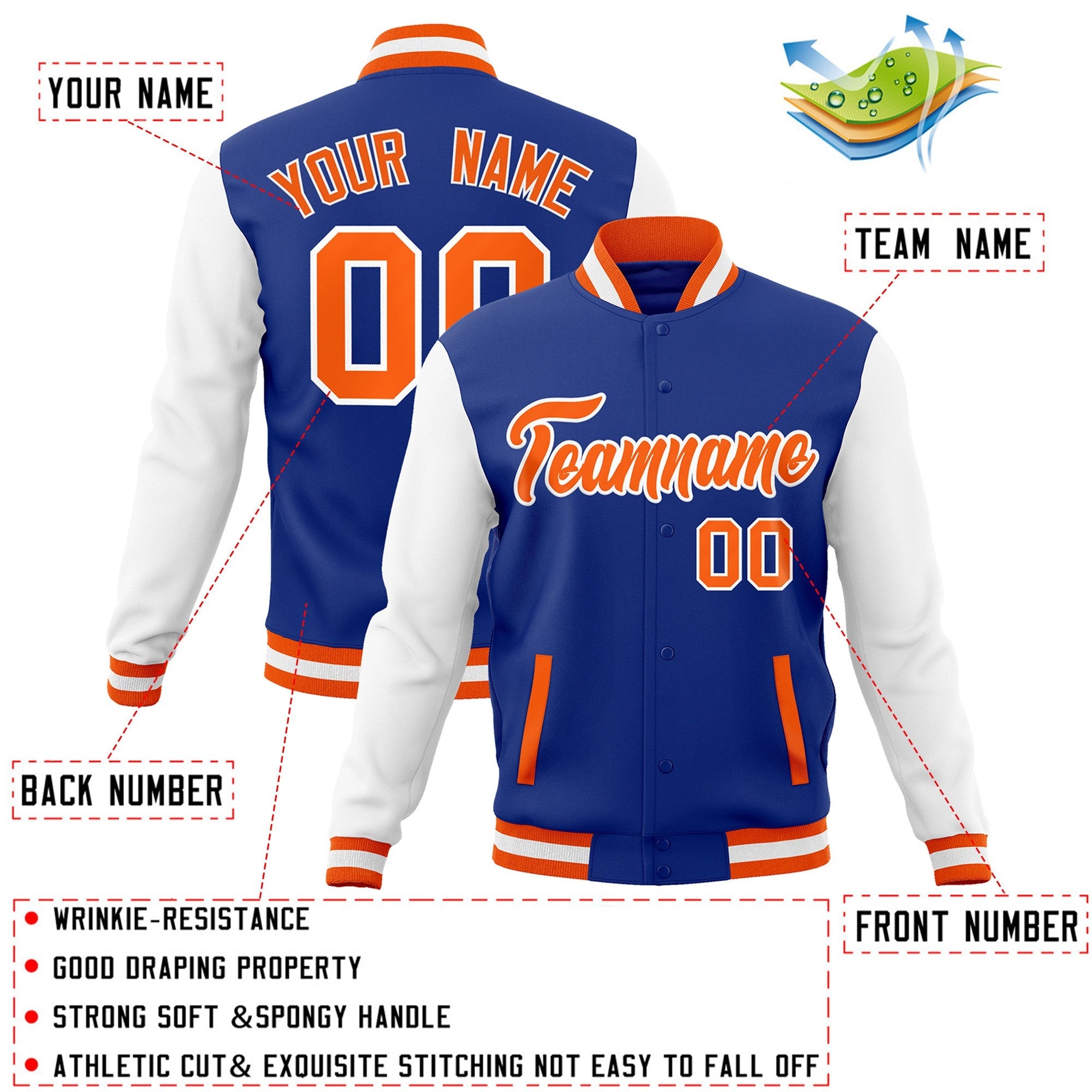 Custom Royal Orange-White Raglan Sleeves Varsity Full-Snap Letterman Jacket