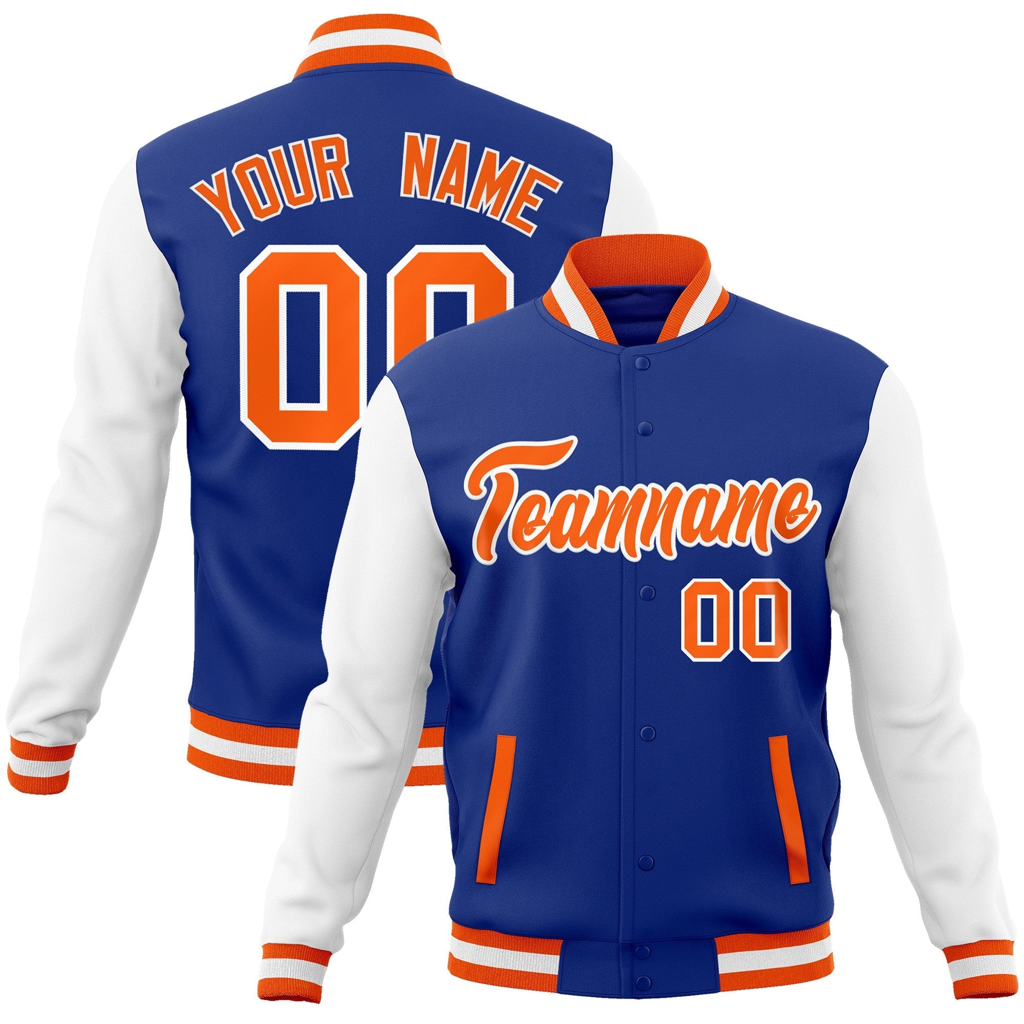 Custom Royal Orange-White Raglan Sleeves Varsity Full-Snap Letterman Jacket