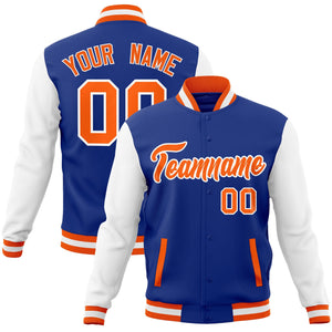 Custom Royal Orange-White Raglan Sleeves Varsity Full-Snap Letterman Jacket