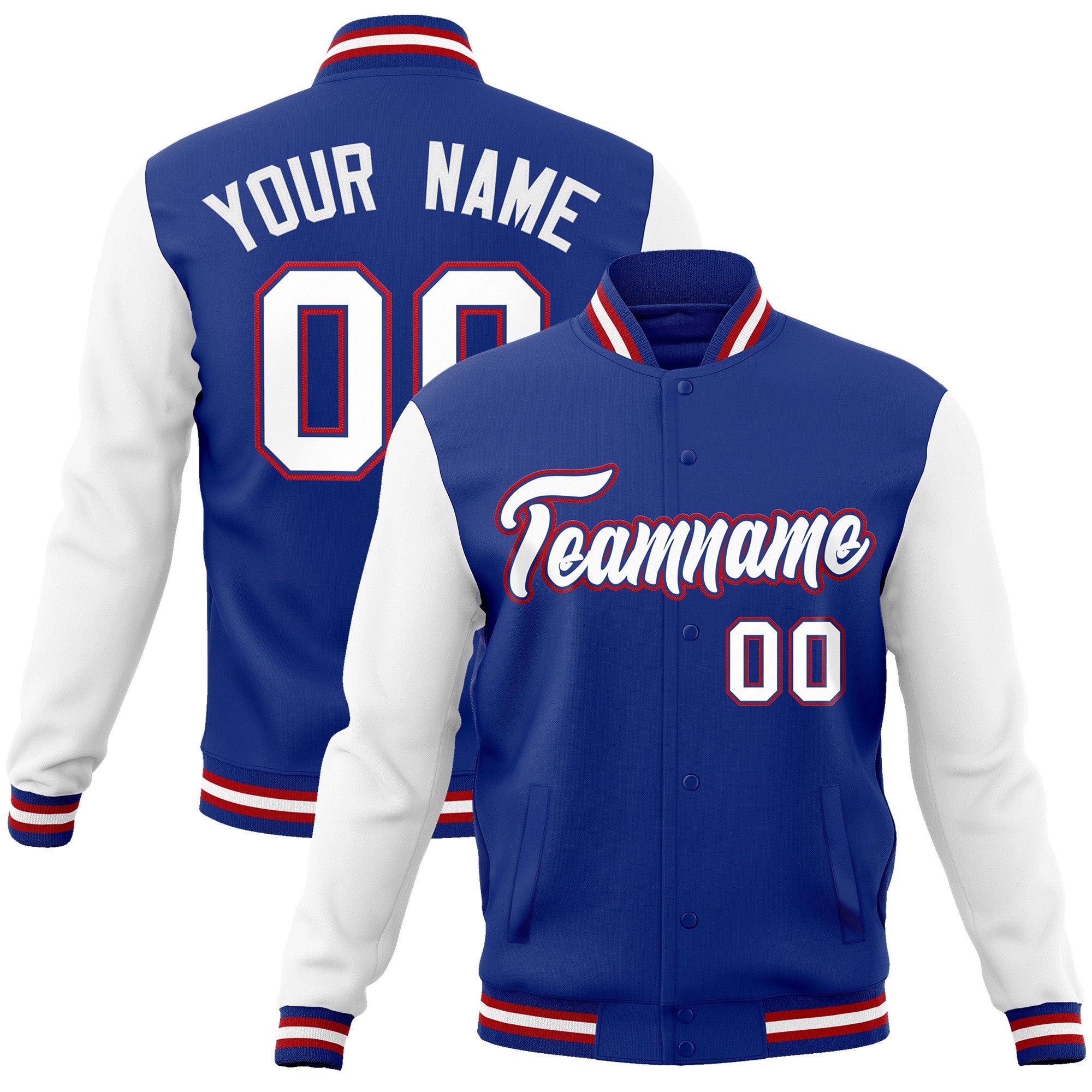 Custom Royal White-Royal Raglan Sleeves Varsity Full-Snap Letterman Jacket