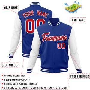 Veste Letterman Varsity Full-Snap à manches raglan personnalisées Royal Red-White