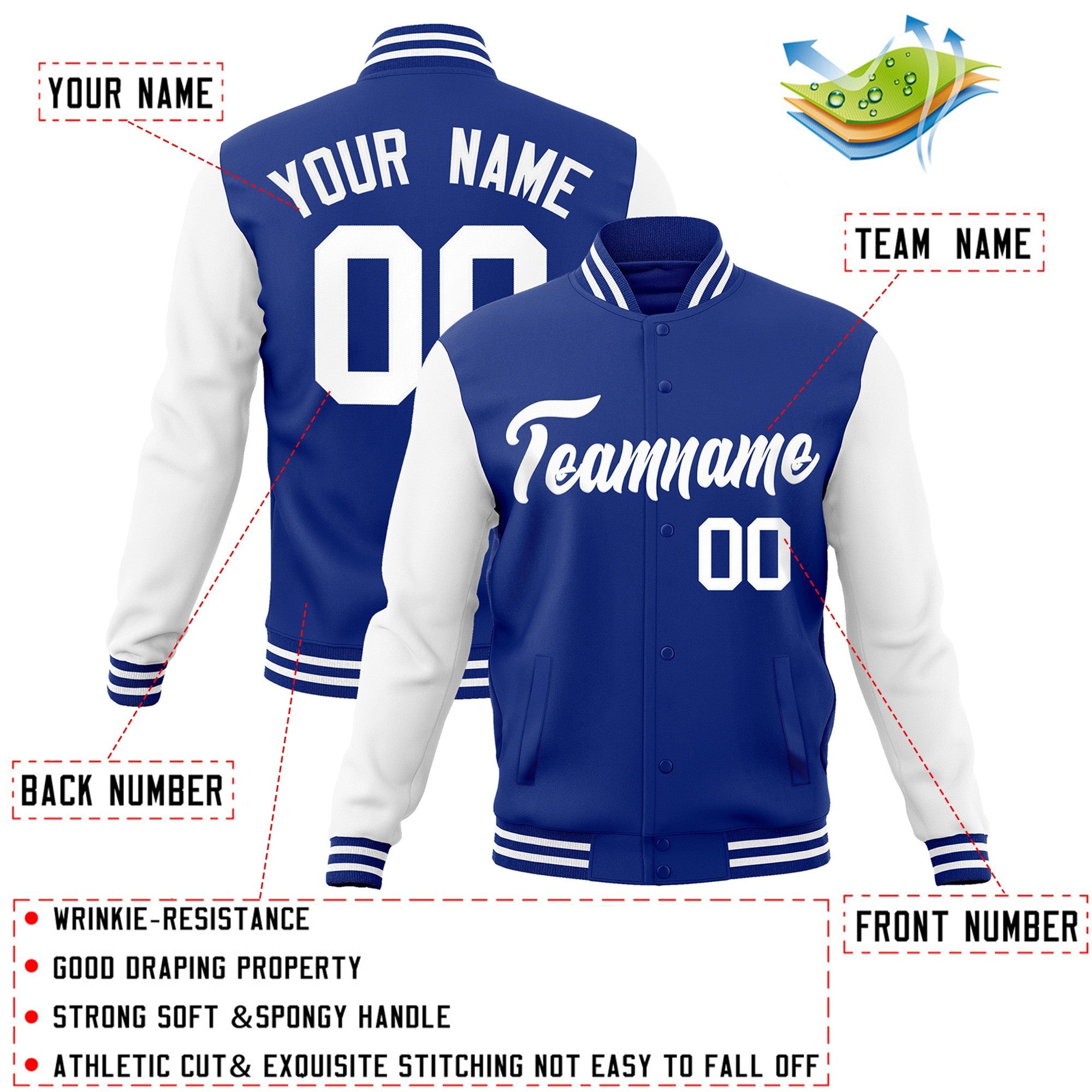 Veste Letterman Varsity Full-Snap à manches raglan blanches royales personnalisées