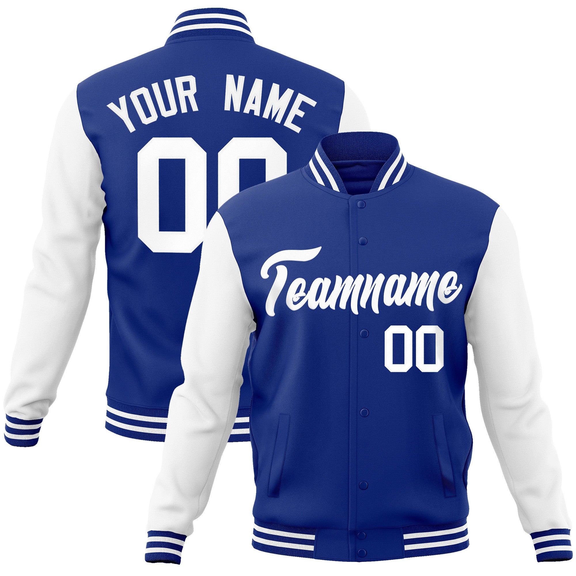 Custom Royal White Raglan Sleeves Varsity Full-Snap Letterman Jacket