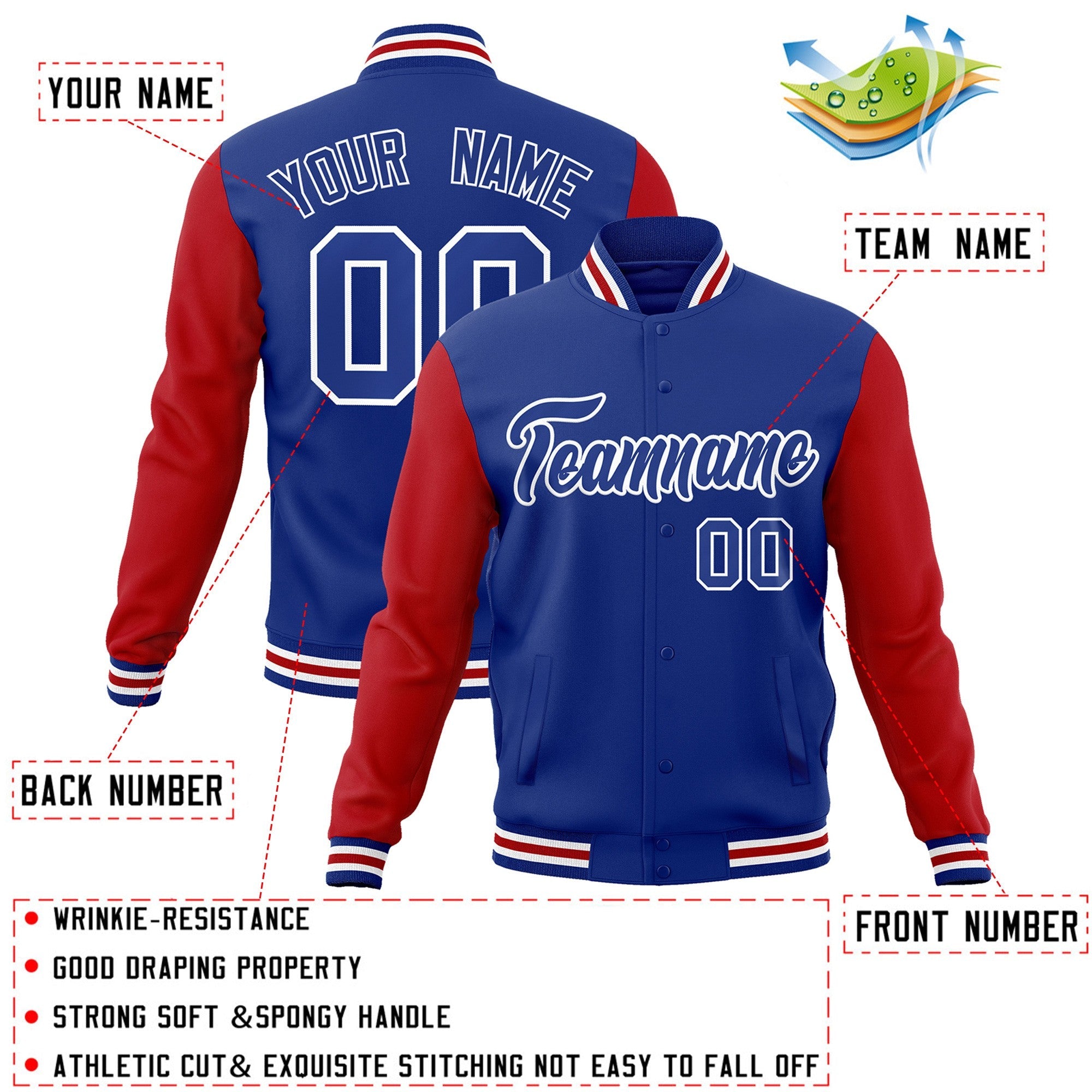 Custom Royal Royal-White Raglan Sleeves Varsity Full-Snap Letterman Jacket