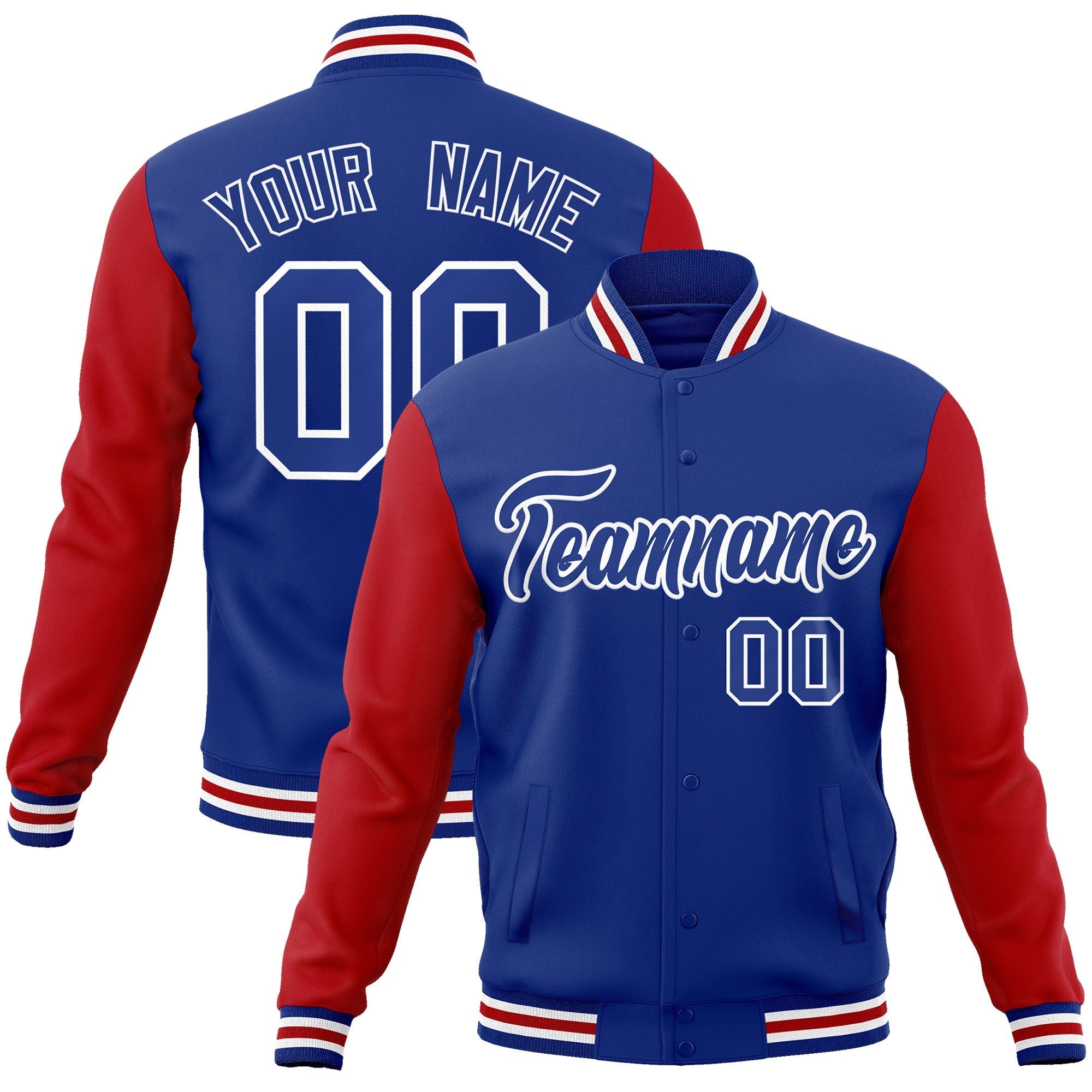 Custom Royal Royal-White Raglan Sleeves Varsity Full-Snap Letterman Jacket