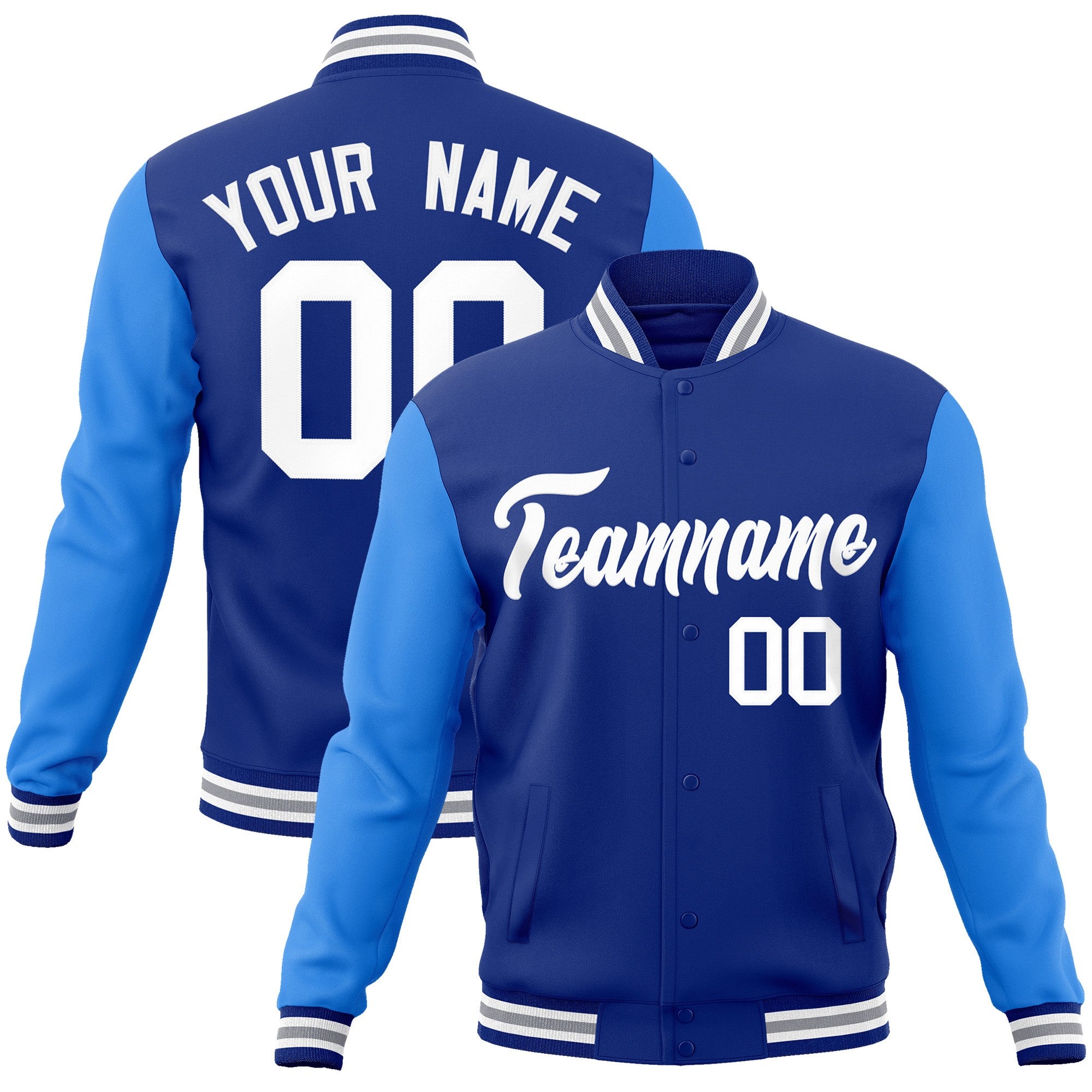 Custom Royal White Raglan Sleeves Varsity Full-Snap Letterman Jacket