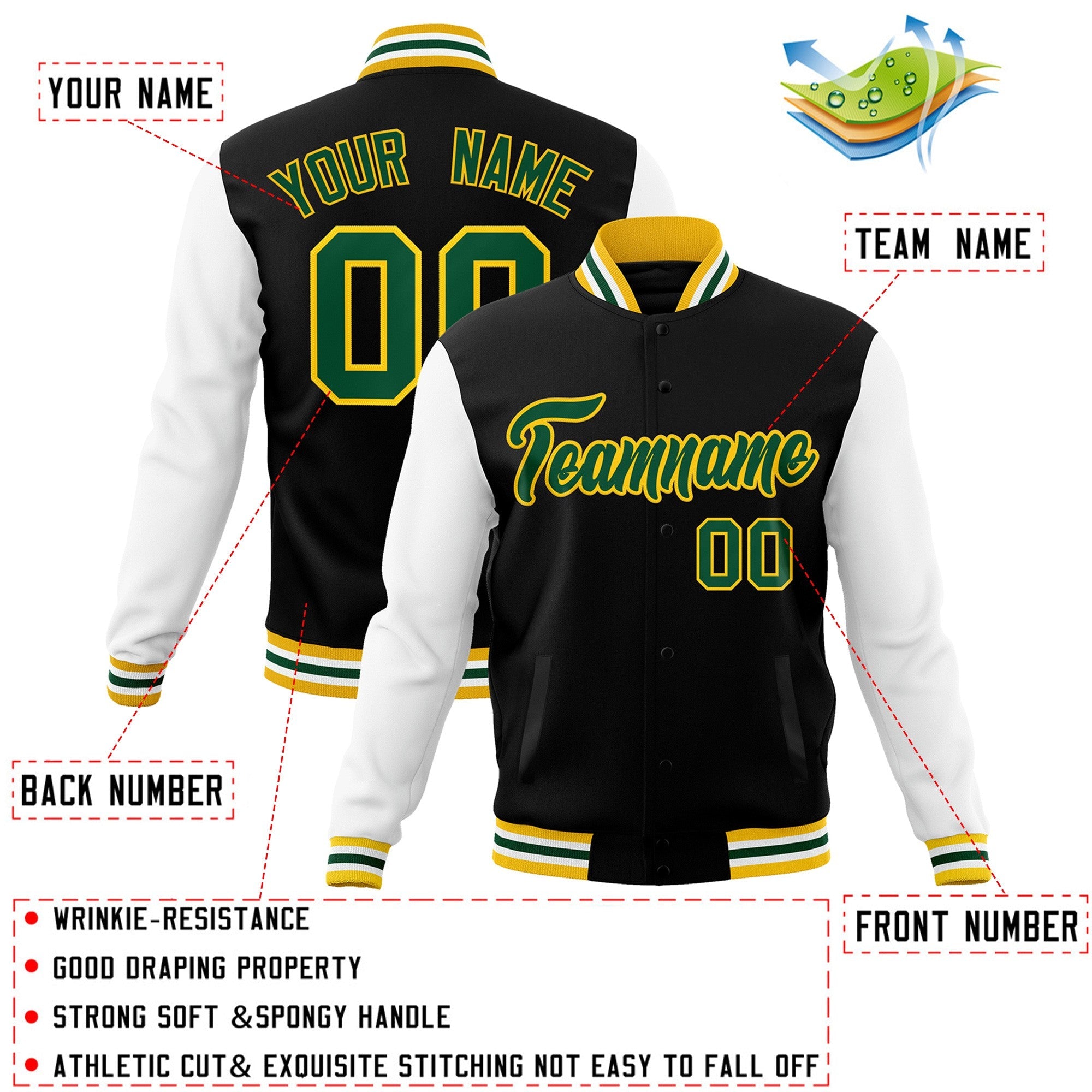 Custom Black Green-Gold Raglan Sleeves Varsity Full-Snap Letterman Jacket