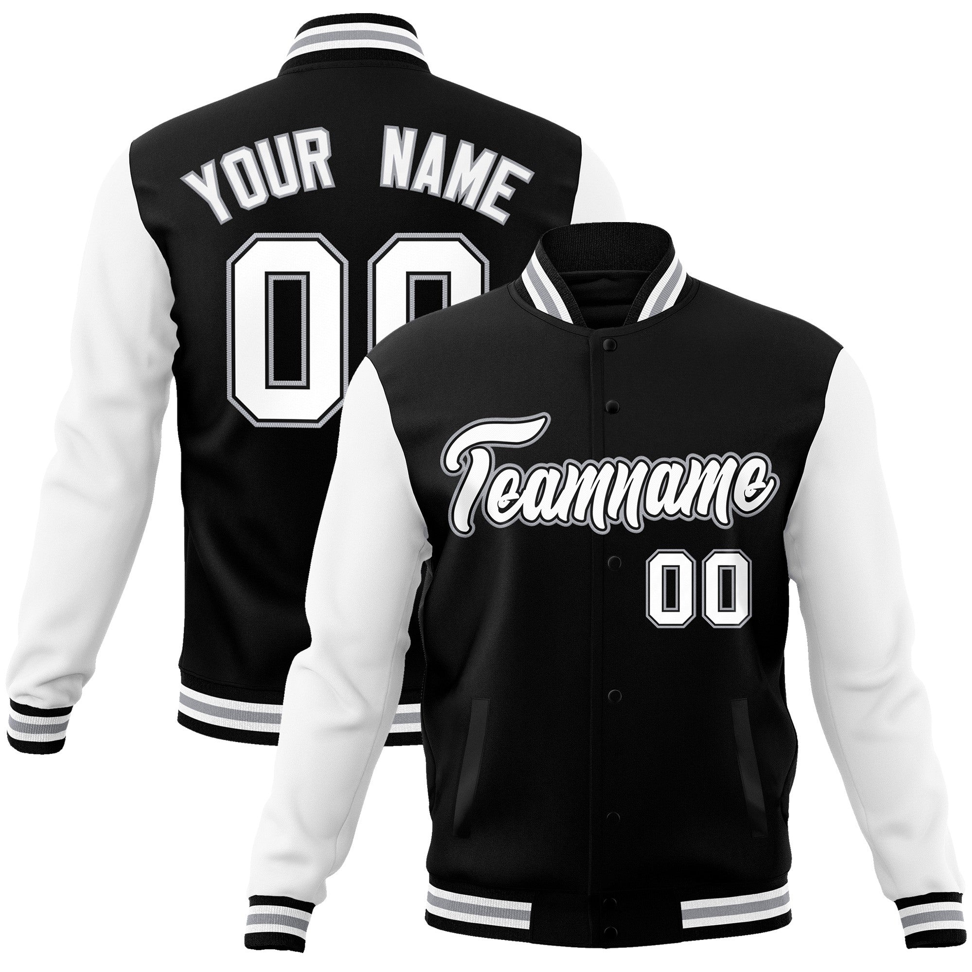 Custom Black White-Black Raglan Sleeves Varsity Full-Snap Letterman Jacket