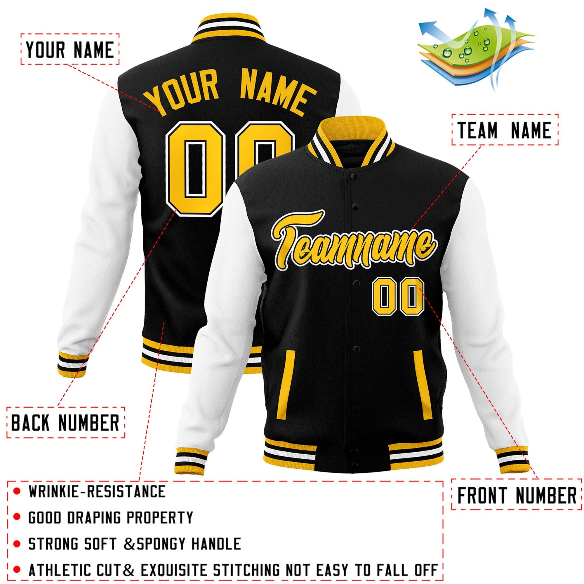 Custom Black Gold-Black Raglan Sleeves Varsity Full-Snap Letterman Jacket