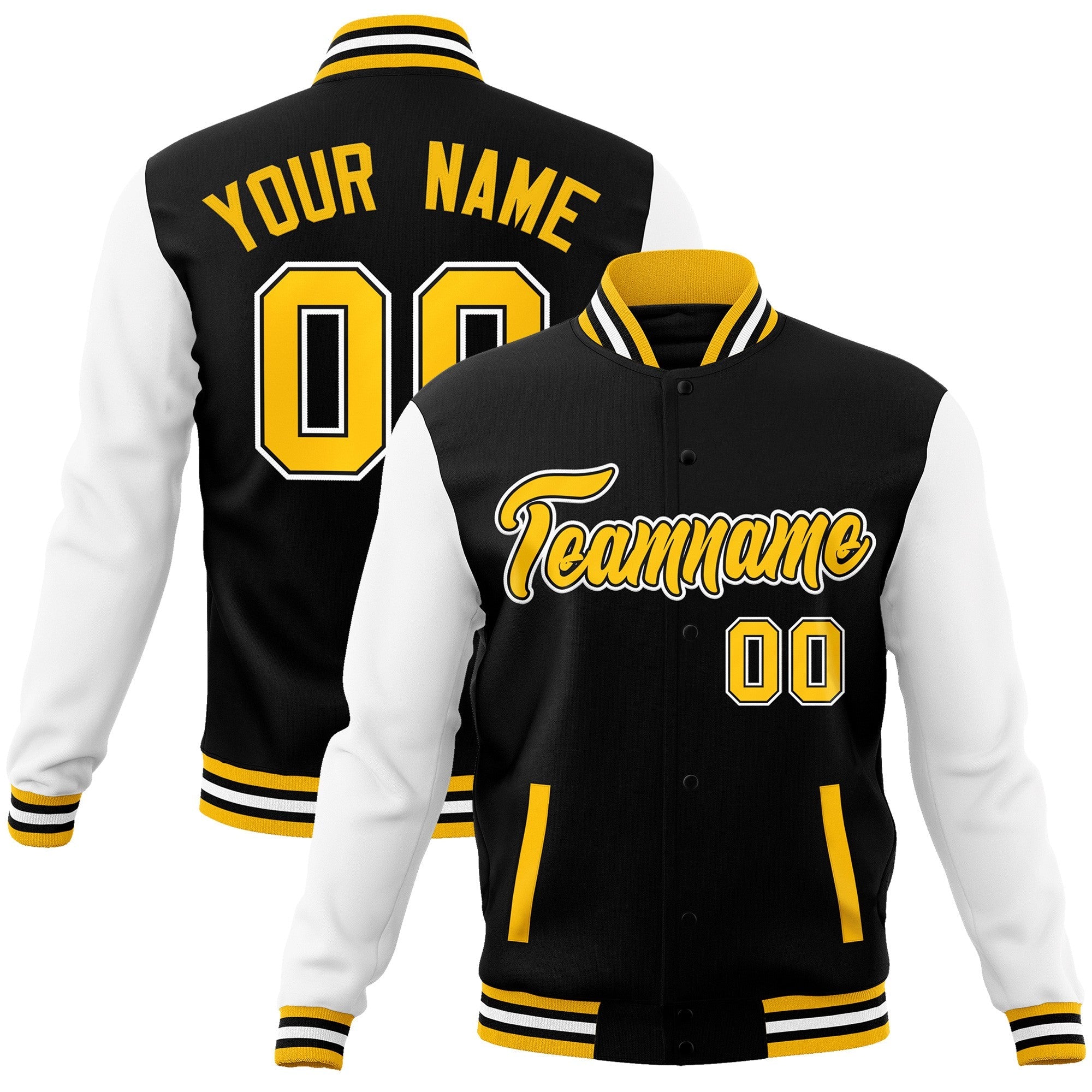 Custom Black Gold-Black Raglan Sleeves Varsity Full-Snap Letterman Jacket