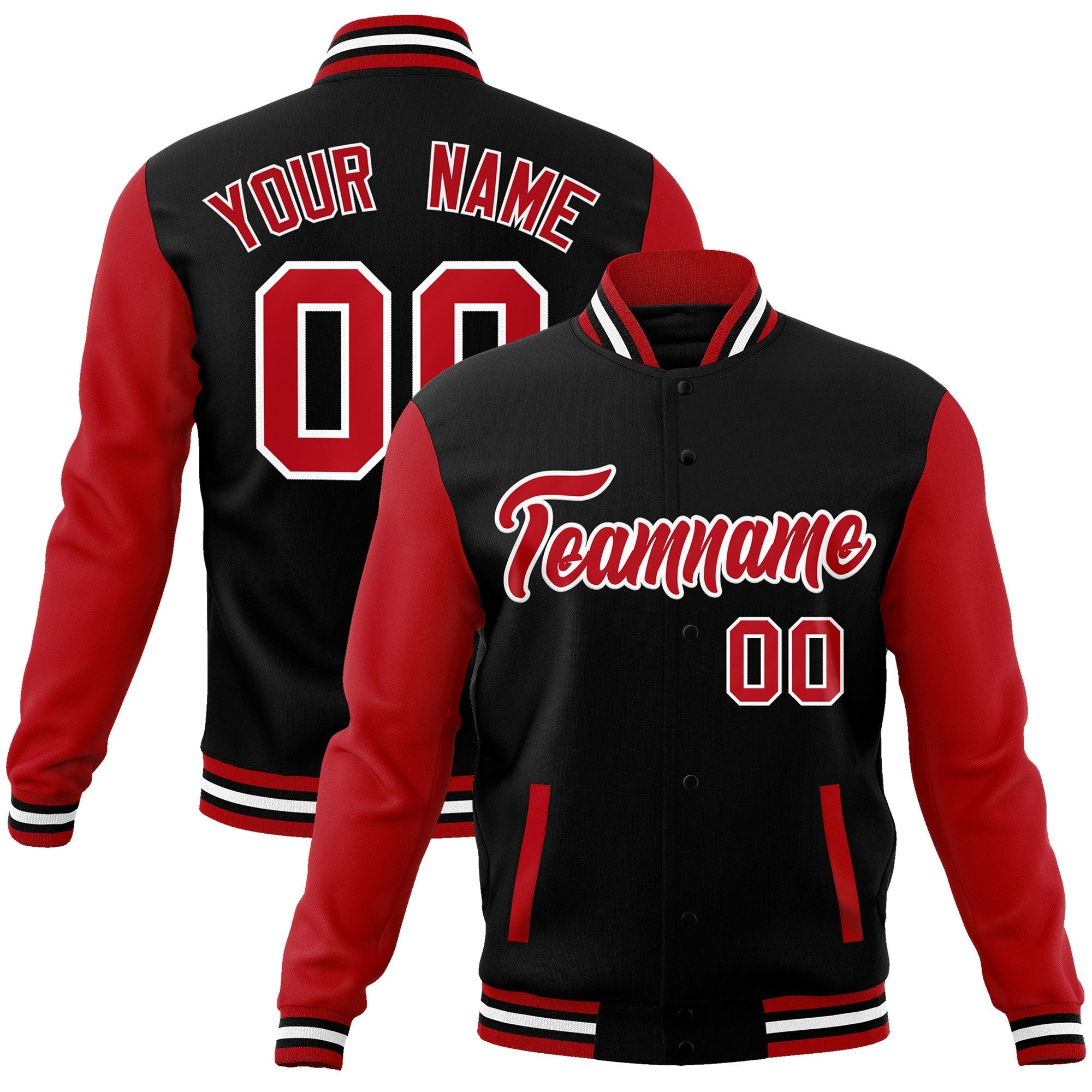 Custom Black Red-White Raglan Sleeves Varsity Full-Snap Letterman Jacket