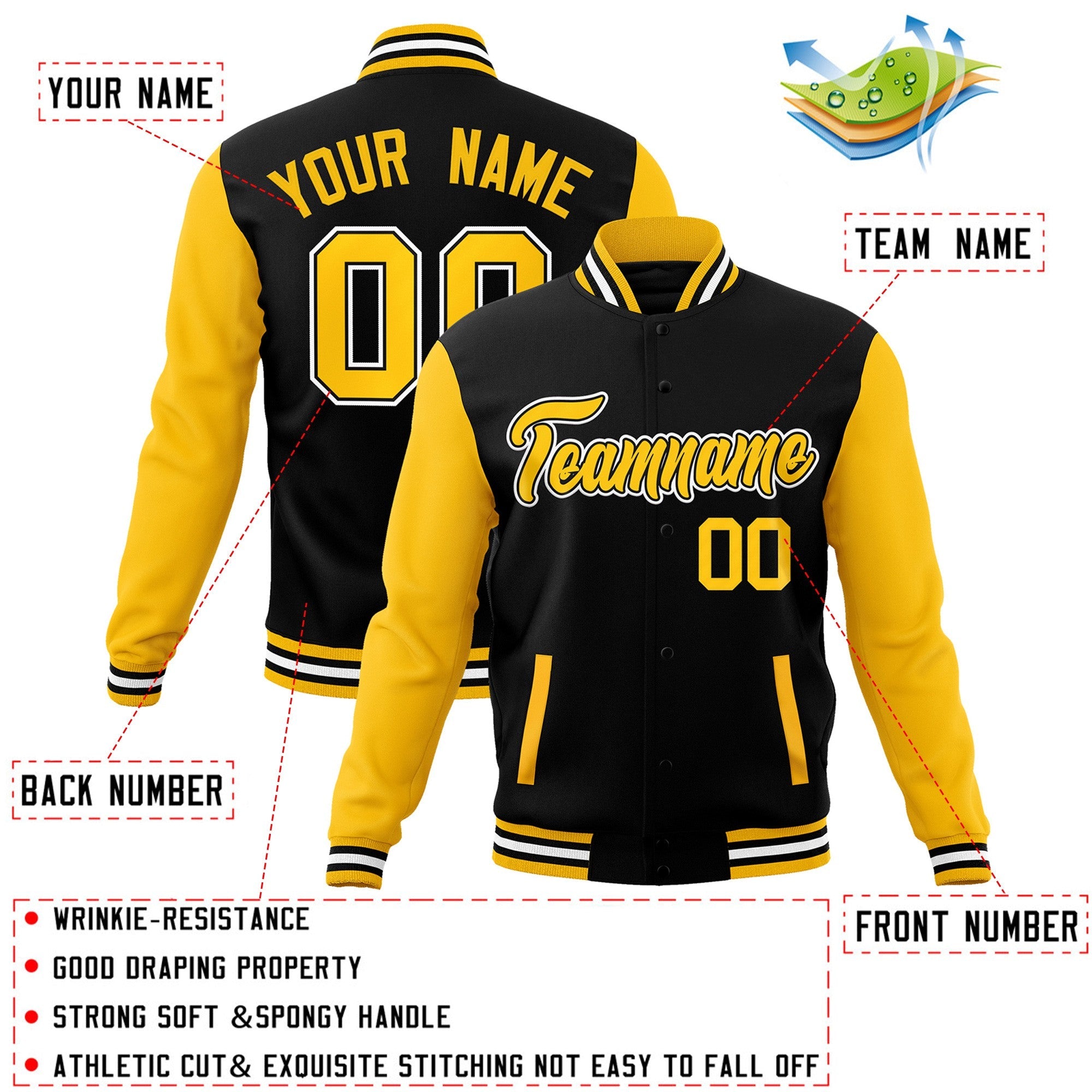 Custom Black Gold-Black Raglan Sleeves Varsity Full-Snap Letterman Jacket