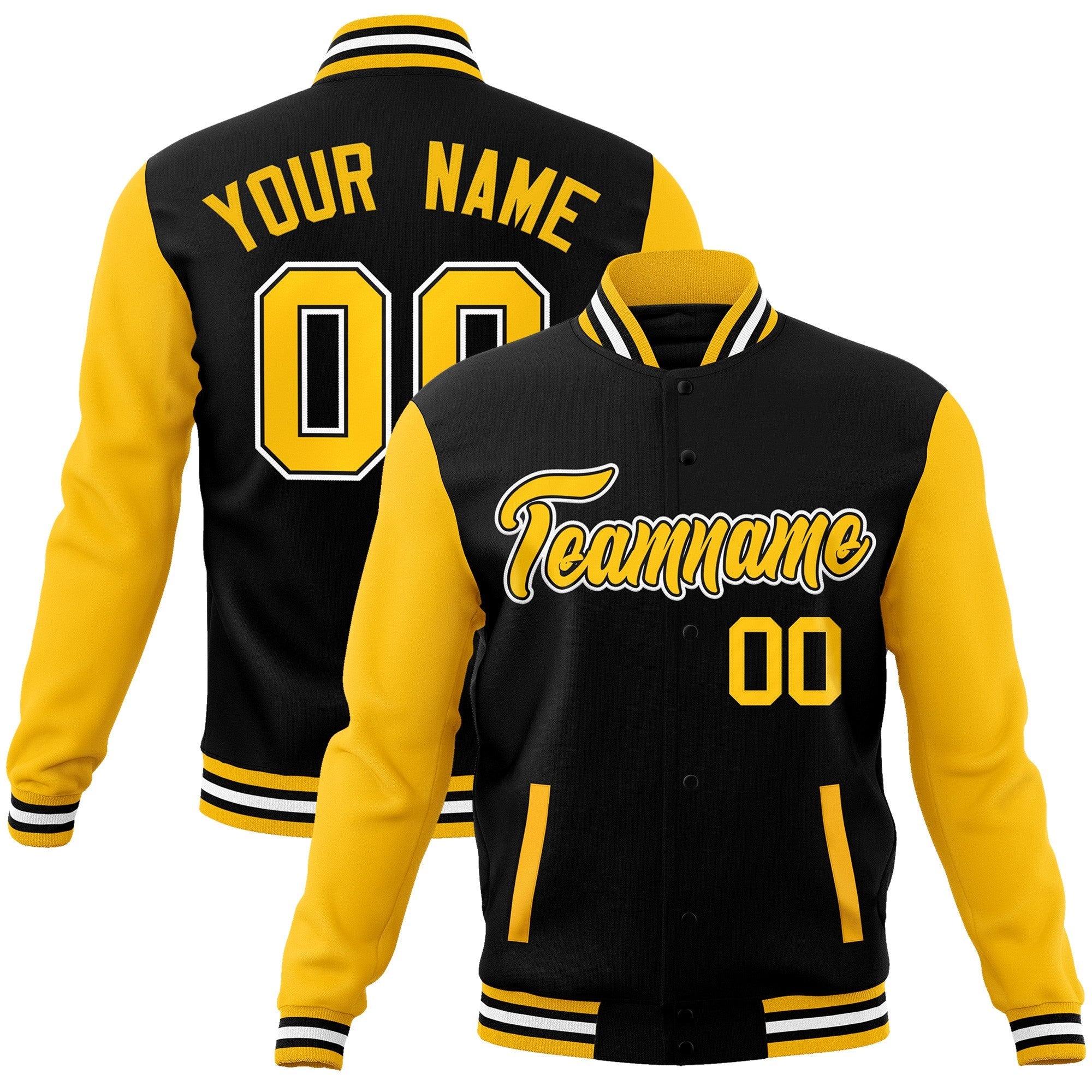 Custom Black Gold-Black Raglan Sleeves Varsity Full-Snap Letterman Jacket