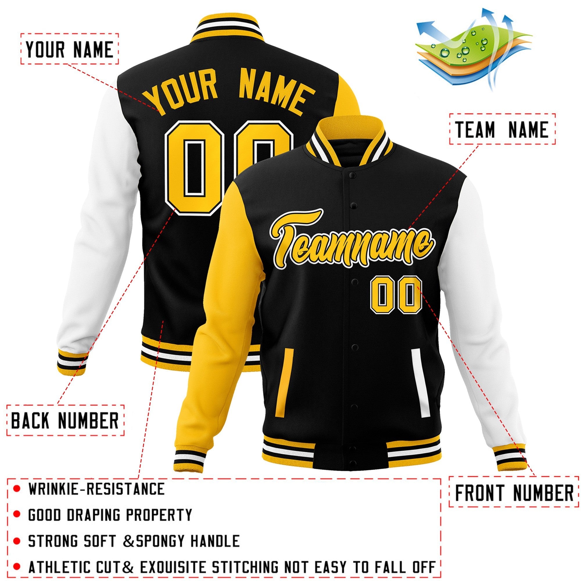 Custom Black Gold-White Varsity Full-Snap Raglan Sleeves Letterman Baseball Jacket