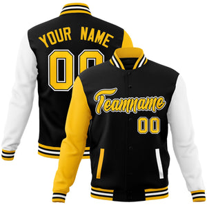 Custom Black Gold-White Varsity Full-Snap Raglan Sleeves Letterman Baseball Jacket