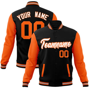 Custom Black White-Orange Raglan Sleeves Varsity Full-Snap Letterman Jacket