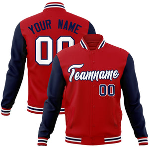 Custom Red White-Navy Raglan Sleeves Varsity Full-Snap Letterman Jacket